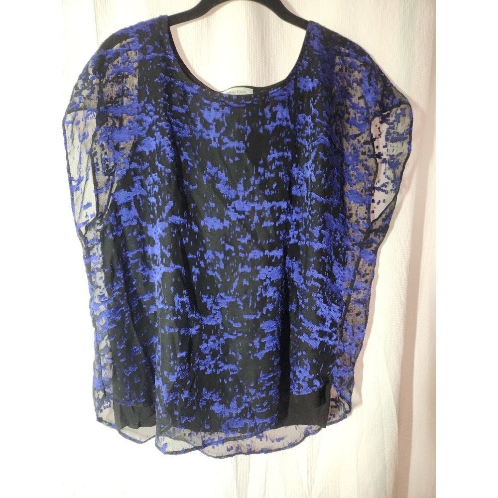 Calvin Klein Blouse Top Womens Petite L Blue Black Sleeveless 2 IN 1 Overlay